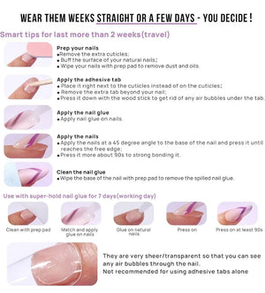 doobysnailsltd instructional guide for applying false nails with glue and adhesive tabs for a salon-quality manicure