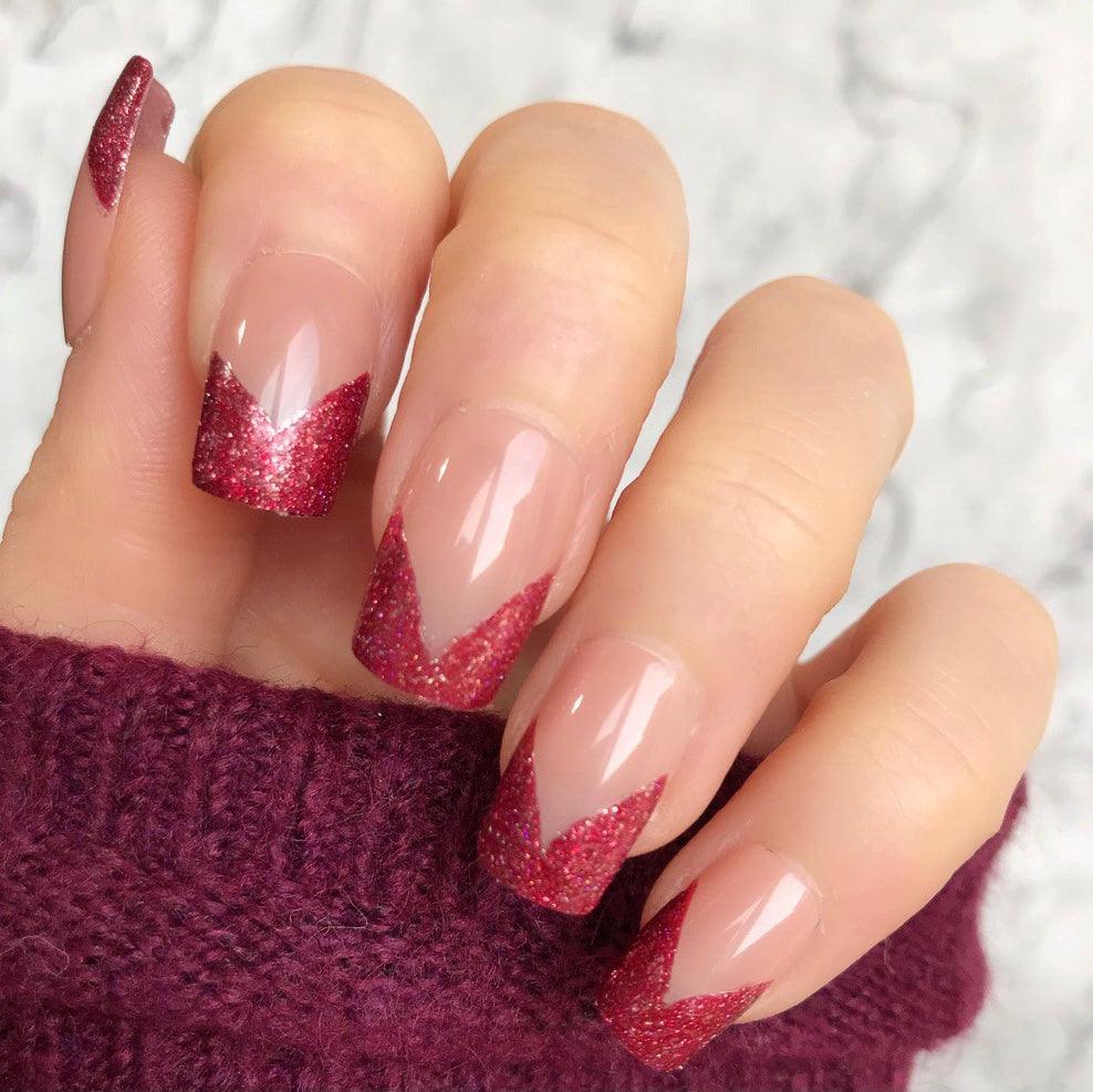 Short Red Nails with 3D Glitter Shine