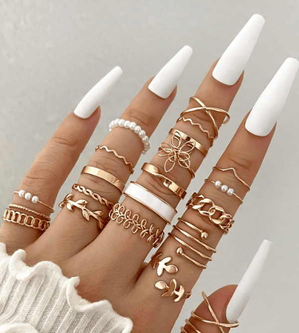 22pcs Bohemian Gold Colour Faux Pearl & Vintage Geometric Multi-Element Ring Set - doobysnailsltd