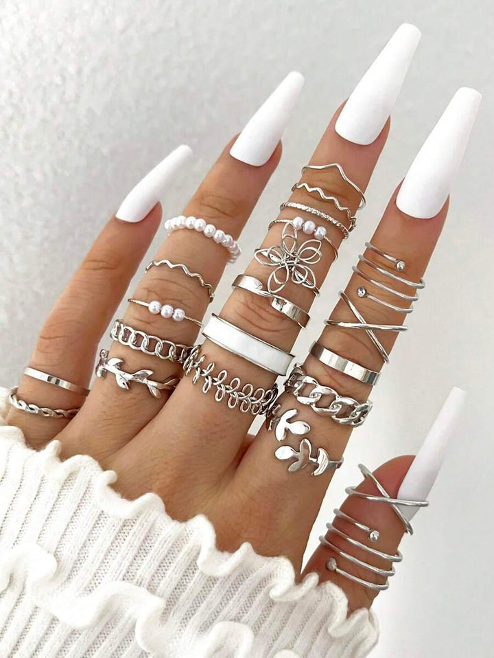 22pcs Bohemian Silver Colour Faux Pearl & Vintage Geometric Multi-Element Ring Set - doobysnailsltd