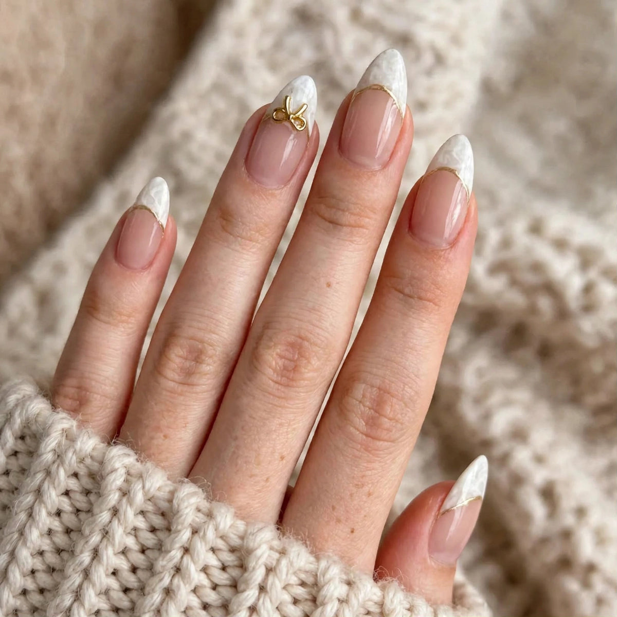Nude French Gold Bow Almond