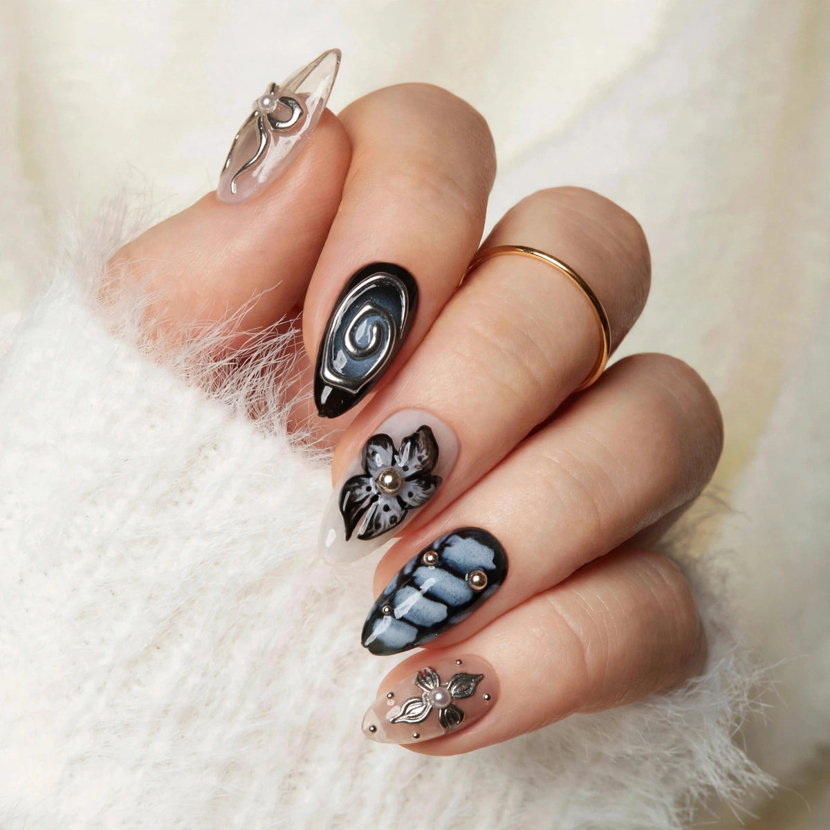 Noir Chrome Bloom Long Almond