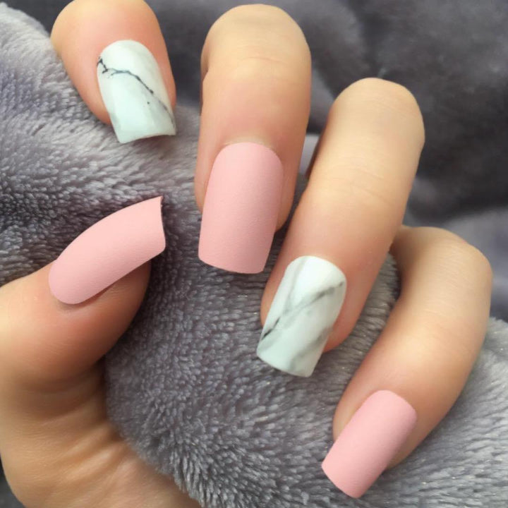 Baby Pink Matte Marble Short Square - doobysnailsltd