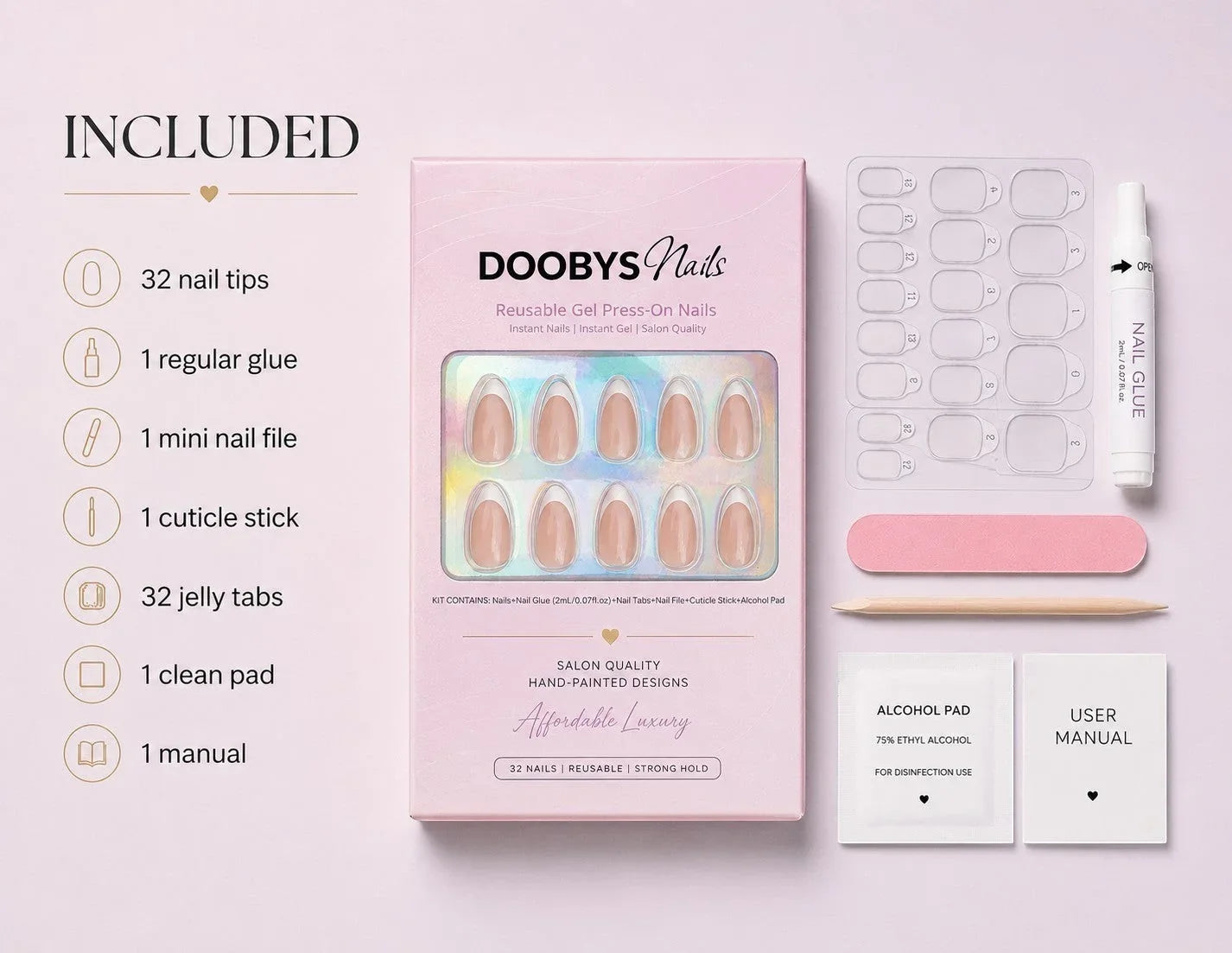 doobysnailsltd Deep Red almond press-on nail kit with glue, file, cuticle stick, jelly tabs, and prep pads.