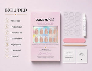 doobysnailsltd Deep Red almond press-on nail kit with glue, file, cuticle stick, jelly tabs, and prep pads.