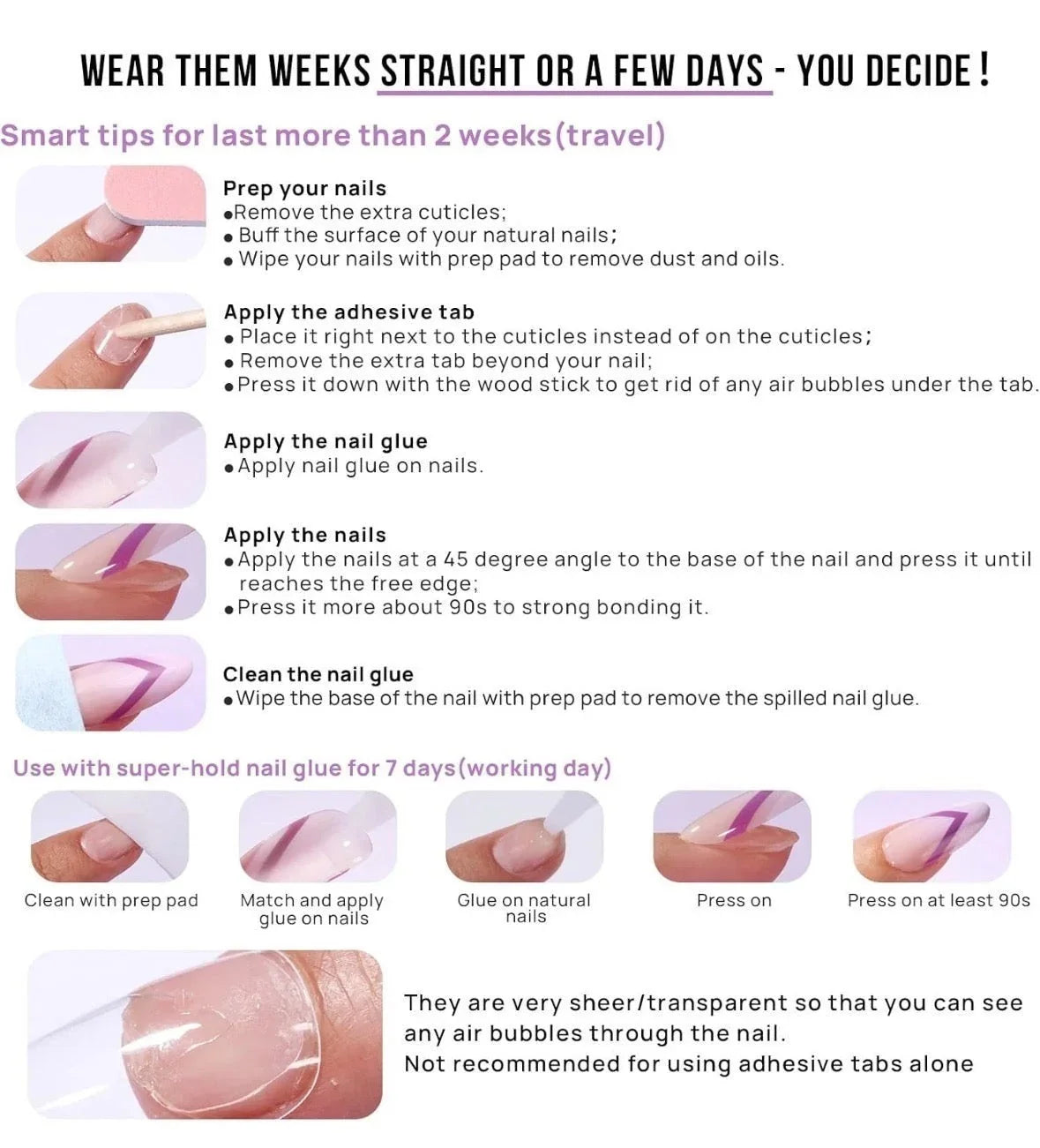 doobysnailsltd instructional guide for applying false nails with glue and adhesive tabs for a salon-quality manicure