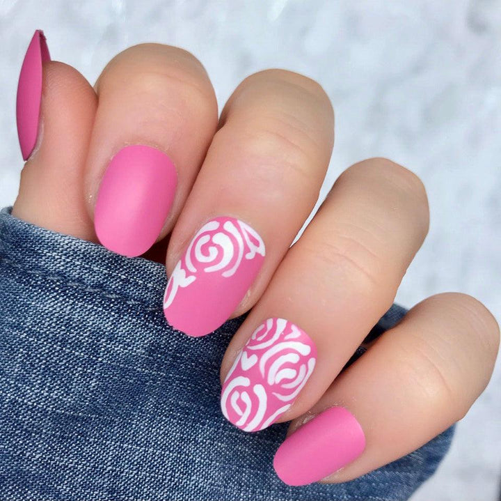 Floral Barbie Pink Short Oval - doobysnailsltd