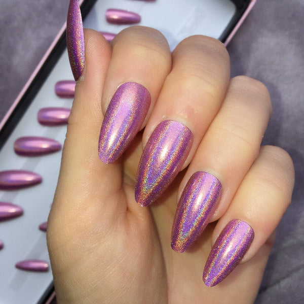 Holographic Pink Long Almond - doobysnailsltd