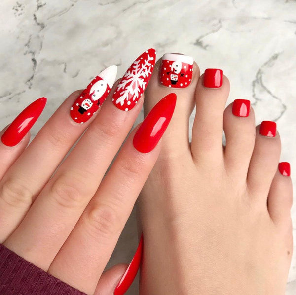 Snowy Days RED Long Stiletto & Toes - doobysnailsltd