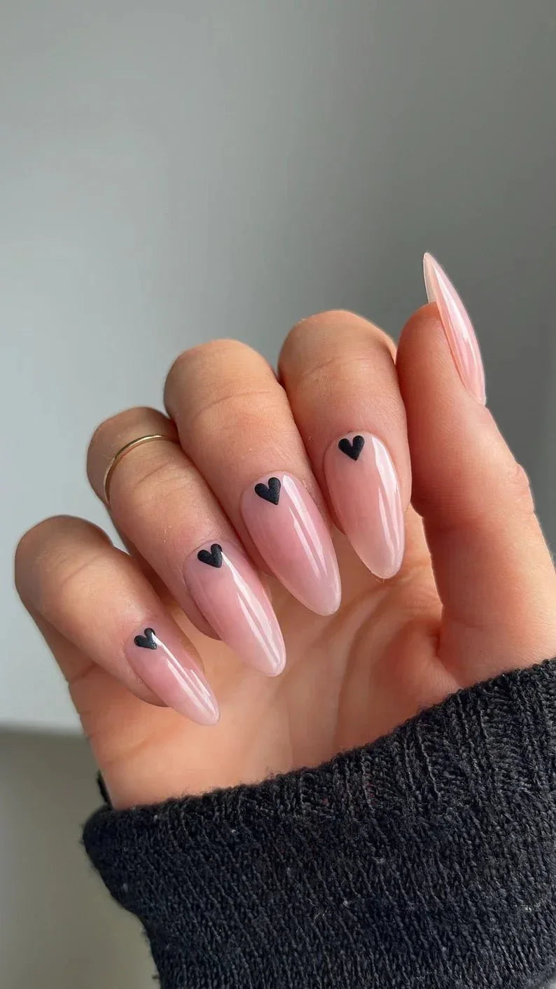 Subtle Black Heart Long Almond - doobysnailsltd