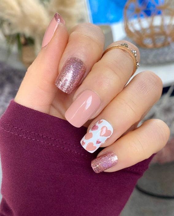 VIRAL ON TIKTOK! Rose Gold Hearts Short Square - doobysnailsltd