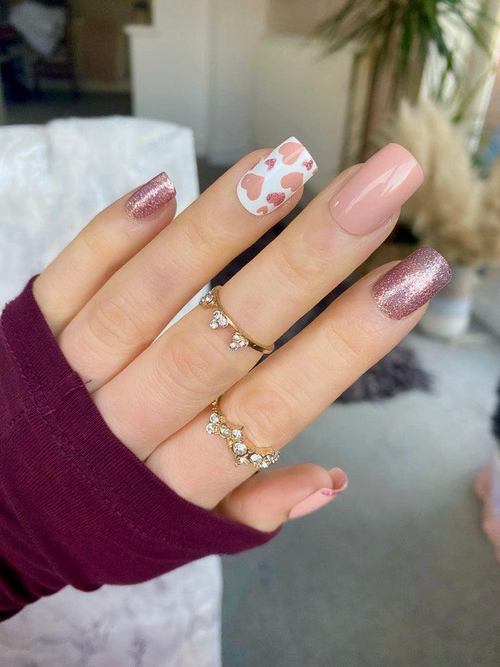 VIRAL ON TIKTOK! Rose Gold Hearts Short Square - doobysnailsltd