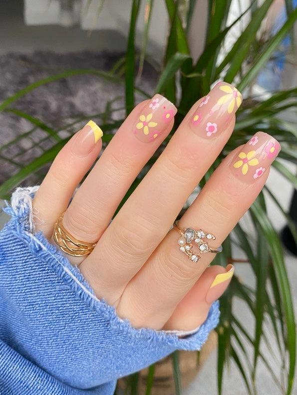 Yellow Florals Short Square - doobysnailsltd